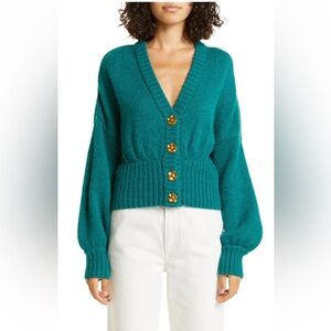 Farm Rio Women's Balloon Sleeve Bubble Knit Cardigan Sweater in Emerald Size M